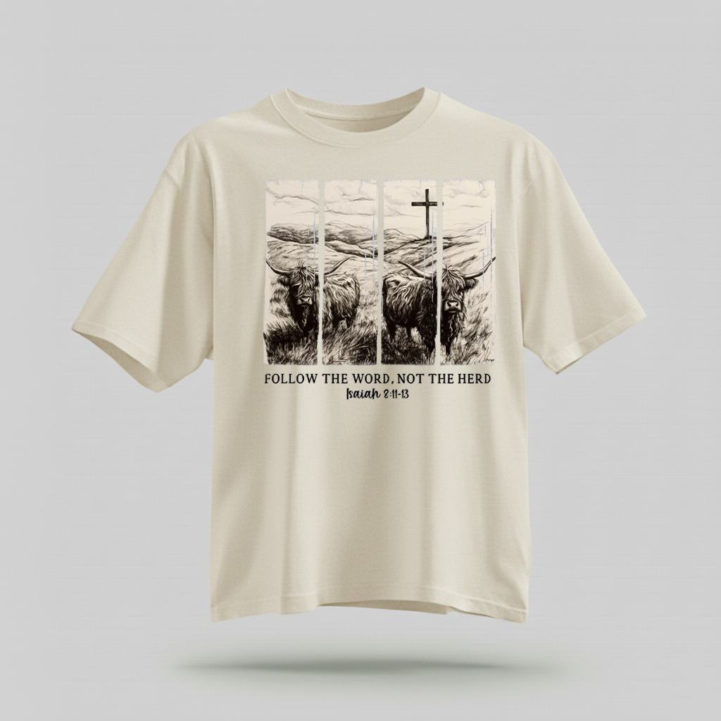 H9Neko Follow the Word Not the Herd Shirt – Christian Highland Cow Tee, Vintage Bible Verse Shirt, Boho Country Christian T-Shirt