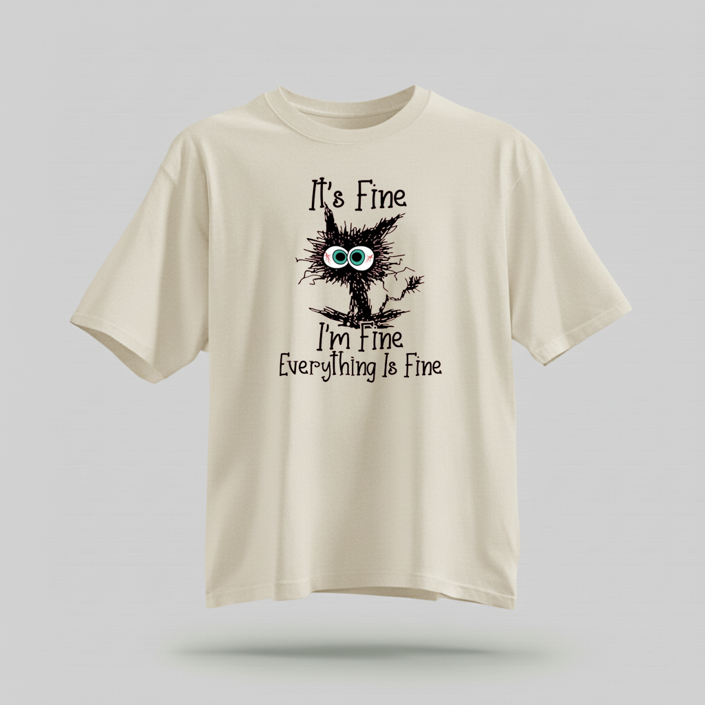 H9Neko “It’s Fine I’m Fine Everything Is Fine” Black Cat Shirt – Funny Cat Lover Tee, Cute Sarcastic T-Shirt, Humor Gift for Cat Lovers