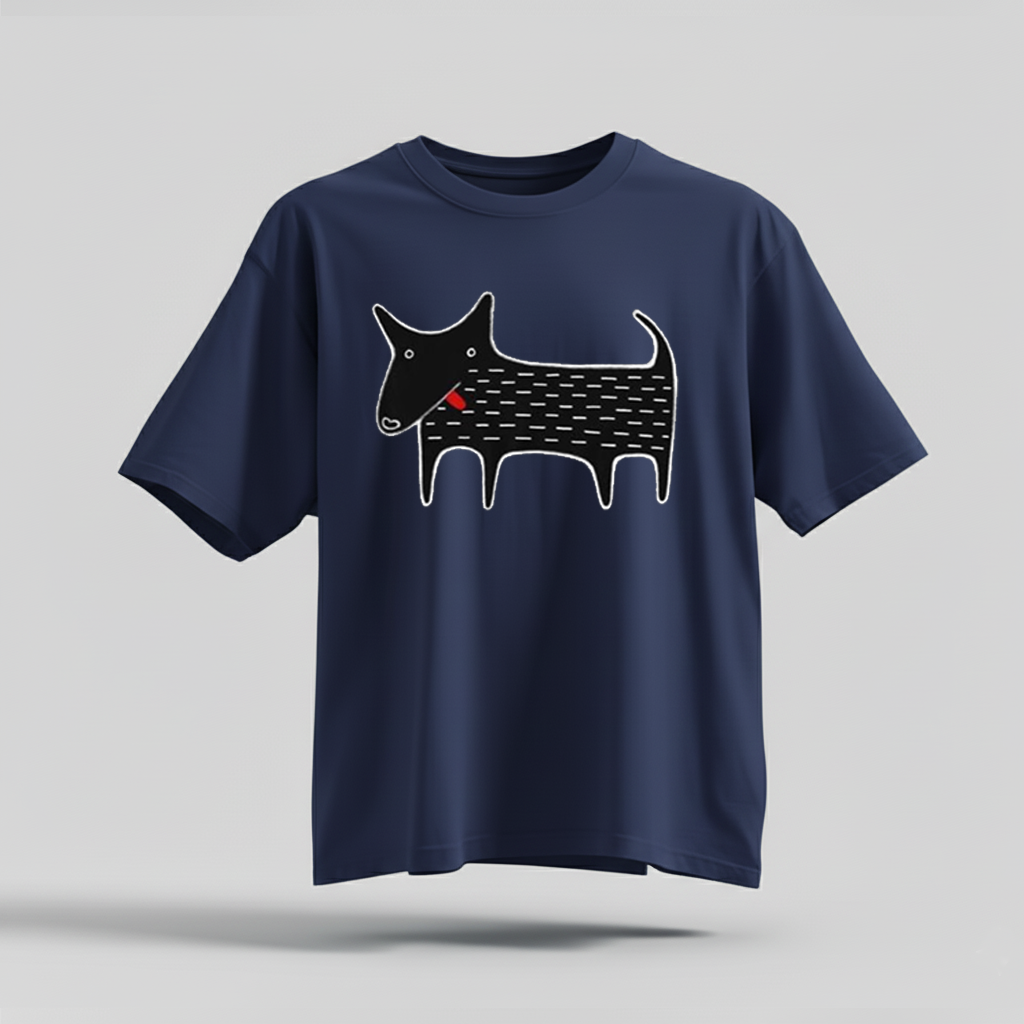 H9Neko Black Dog Folk Art T-Shirt – Cute Kawaii Animal Tee, Whimsical Graphic Shirt, Funny Dog Lover Gift, Derpy Dog Birthday Tee