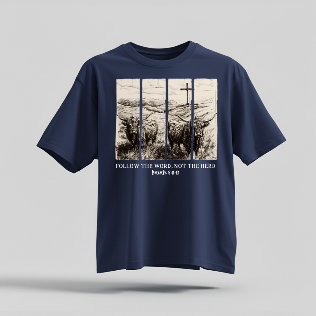 H9Neko Follow the Word Not the Herd Shirt – Christian Highland Cow Tee, Vintage Bible Verse Shirt, Boho Country Christian T-Shirt
