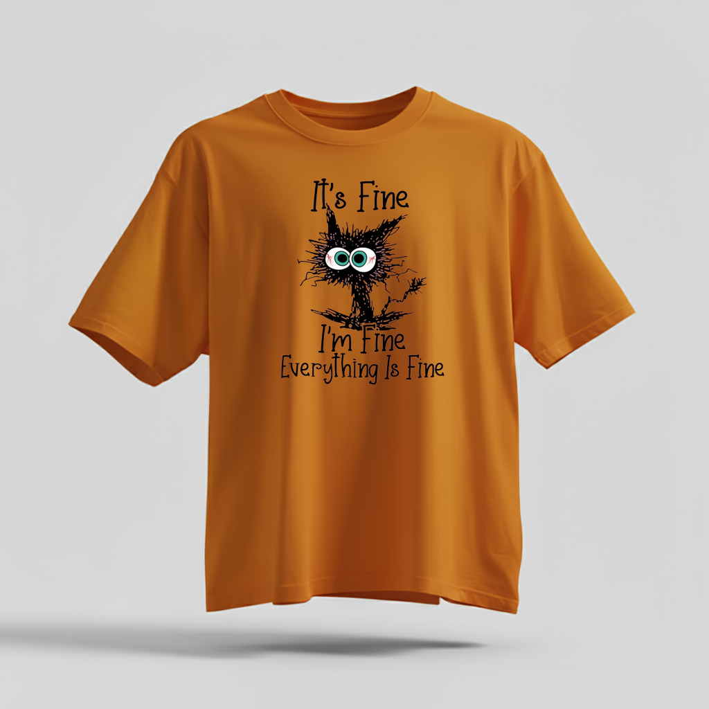 H9Neko “It’s Fine I’m Fine Everything Is Fine” Black Cat Shirt – Funny Cat Lover Tee, Cute Sarcastic T-Shirt, Humor Gift for Cat Lovers