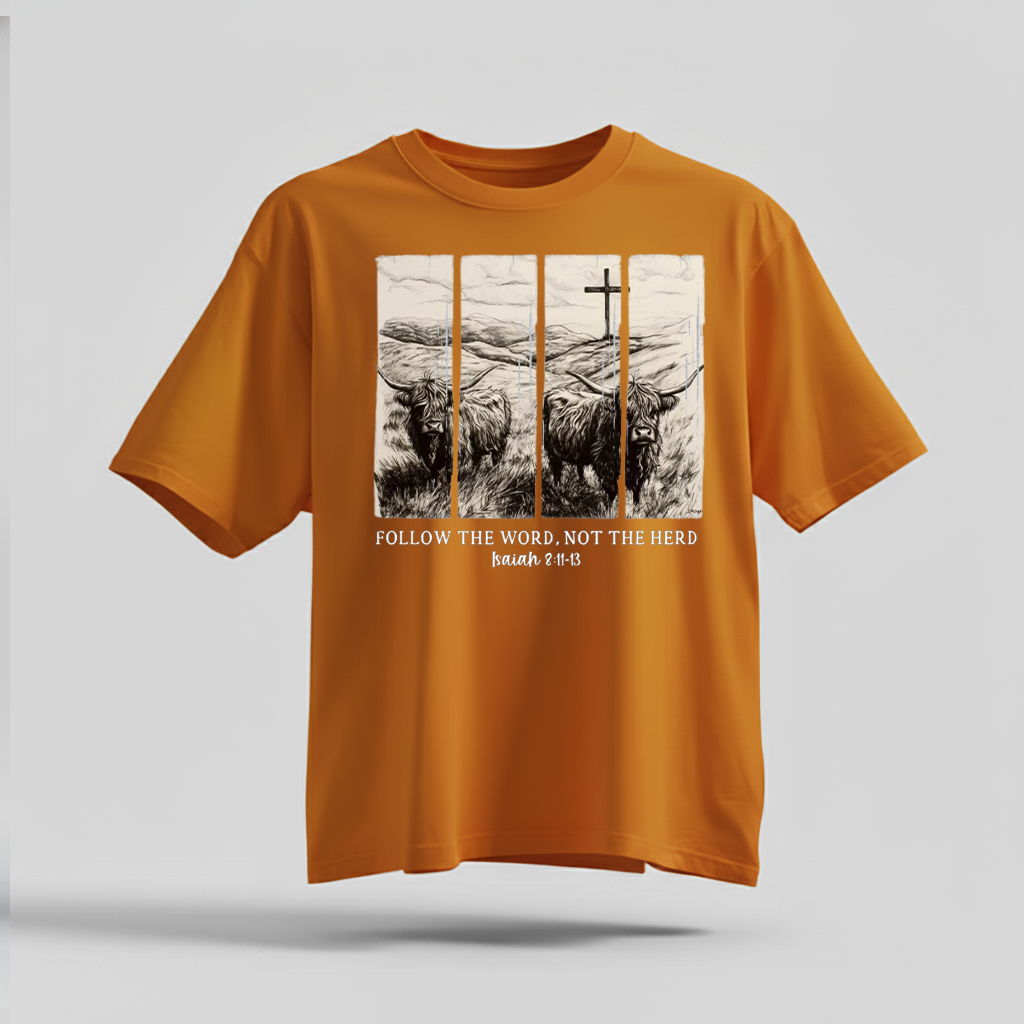 H9Neko Follow the Word Not the Herd Shirt – Christian Highland Cow Tee, Vintage Bible Verse Shirt, Boho Country Christian T-Shirt