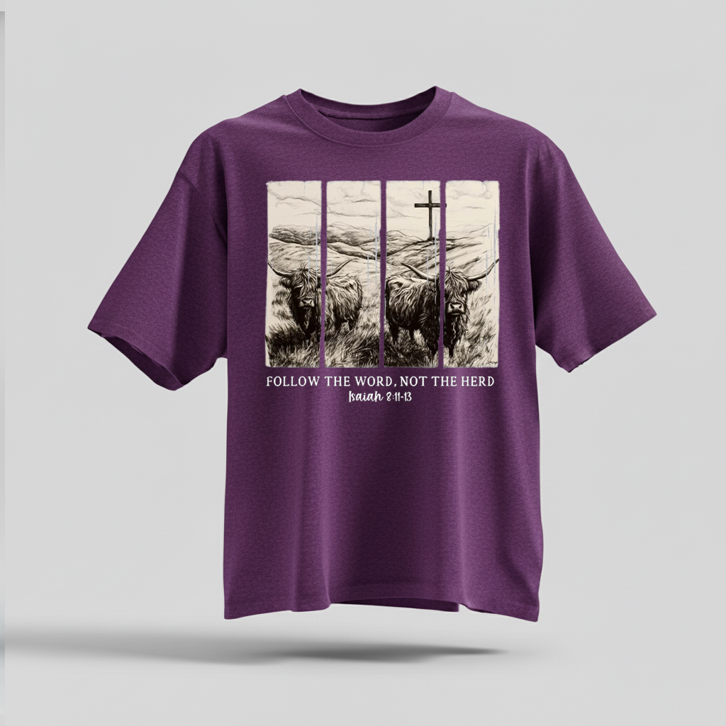 H9Neko Follow the Word Not the Herd Shirt – Christian Highland Cow Tee, Vintage Bible Verse Shirt, Boho Country Christian T-Shirt