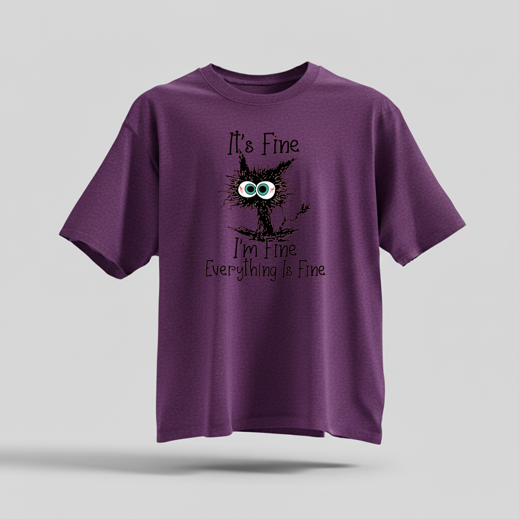 H9Neko “It’s Fine I’m Fine Everything Is Fine” Black Cat Shirt – Funny Cat Lover Tee, Cute Sarcastic T-Shirt, Humor Gift for Cat Lovers