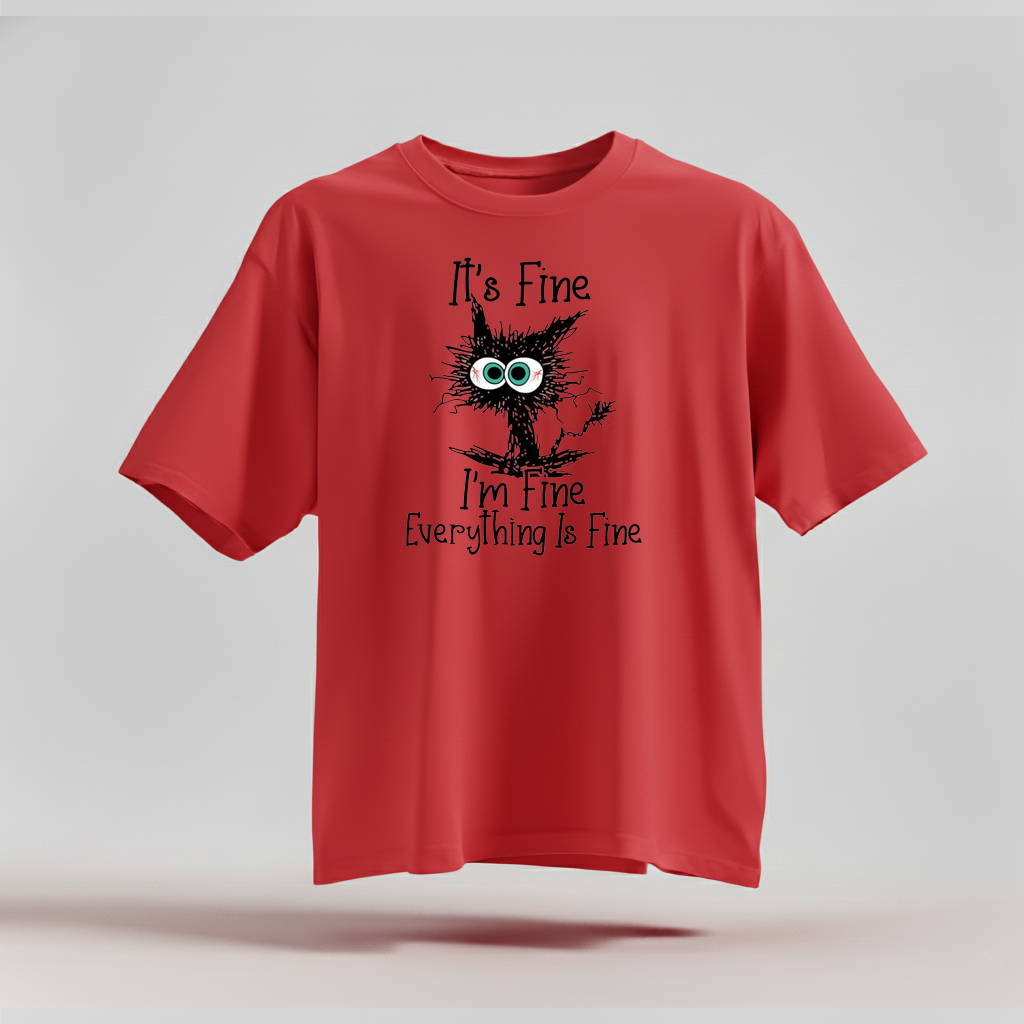 H9Neko “It’s Fine I’m Fine Everything Is Fine” Black Cat Shirt – Funny Cat Lover Tee, Cute Sarcastic T-Shirt, Humor Gift for Cat Lovers
