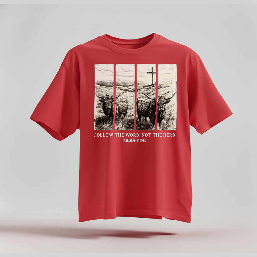 H9Neko Follow the Word Not the Herd Shirt – Christian Highland Cow Tee, Vintage Bible Verse Shirt, Boho Country Christian T-Shirt