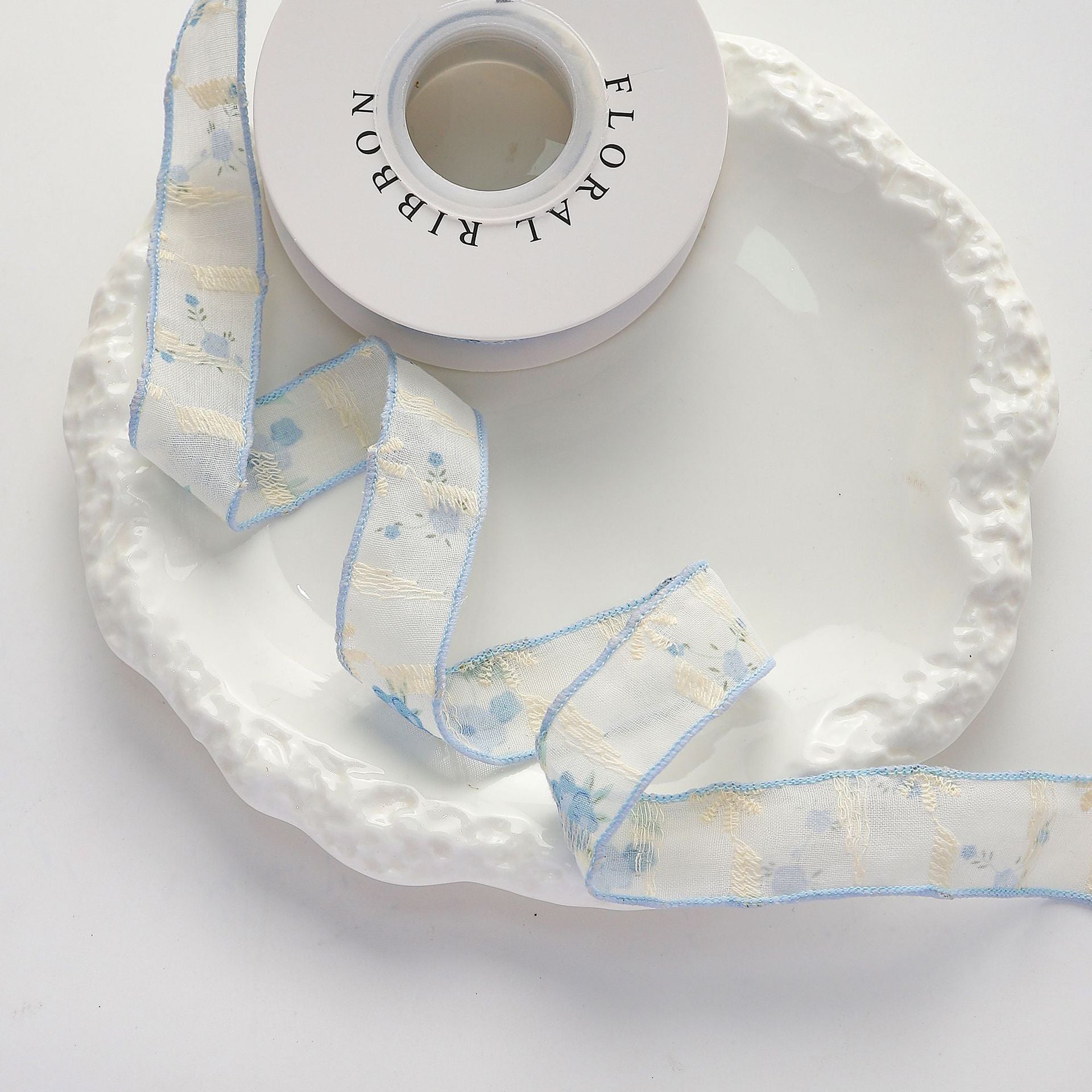 Retro Icy Blue Blossom Ribbon 1" x 10yd | Nostalgic Winter Crafts & Wedding | Elegant Snowy Season Gift Wrapping| H9Neko