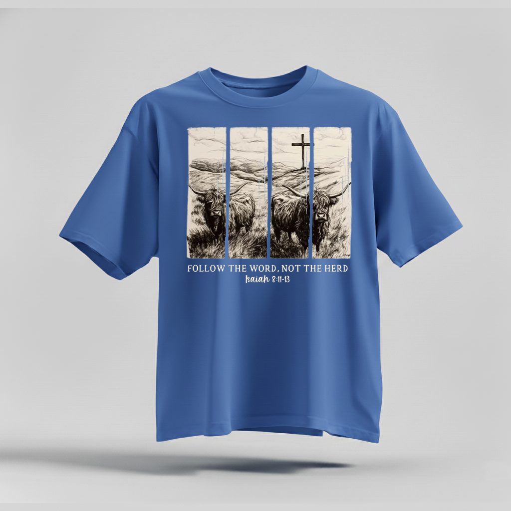 H9Neko Follow the Word Not the Herd Shirt – Christian Highland Cow Tee, Vintage Bible Verse Shirt, Boho Country Christian T-Shirt