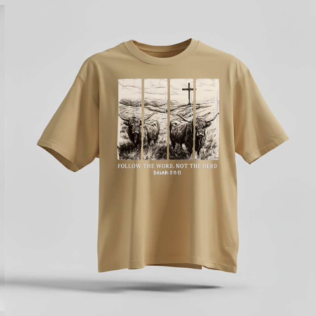 H9Neko Follow the Word Not the Herd Shirt – Christian Highland Cow Tee, Vintage Bible Verse Shirt, Boho Country Christian T-Shirt