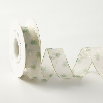 H9Neko Sheer Organza Ribbon with Green 5-Petal Flower Pattern - Gift Wrapping & Delicate Bow Making Roll