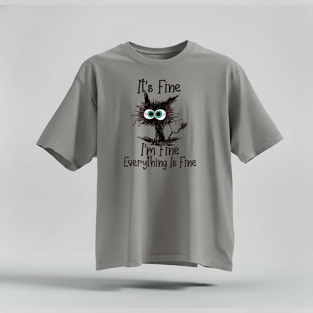 H9Neko “It’s Fine I’m Fine Everything Is Fine” Black Cat Shirt – Funny Cat Lover Tee, Cute Sarcastic T-Shirt, Humor Gift for Cat Lovers