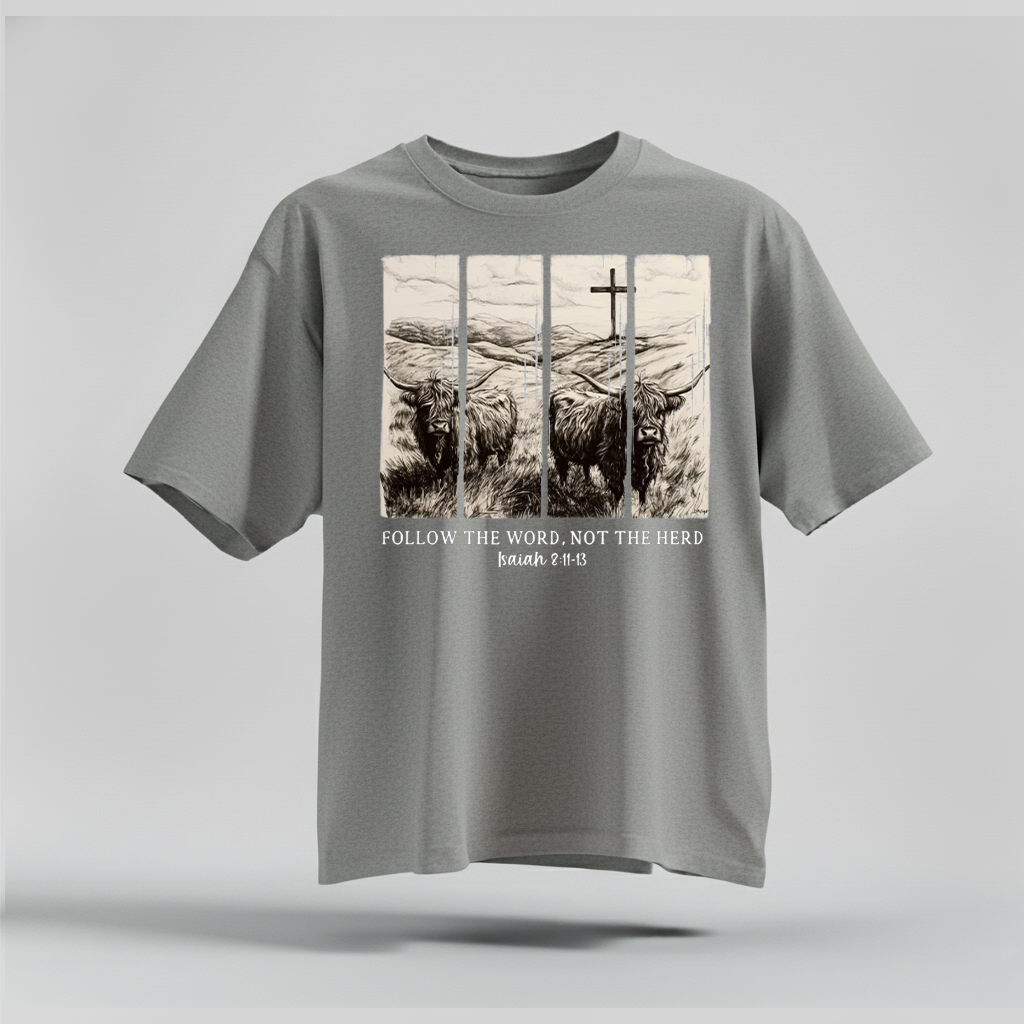 H9Neko Follow the Word Not the Herd Shirt – Christian Highland Cow Tee, Vintage Bible Verse Shirt, Boho Country Christian T-Shirt