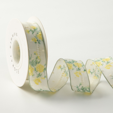 Spring Garden Yellow Flower Ribbon 1" x 10yd | Airy Open-Weave Design for Bouquets & DIY | H9Neko