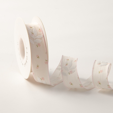 Textured White Leaf & Pink Bud Ribbon 1" x 10yd | Elegant Summer Wedding Decor & Gifts | H9Neko