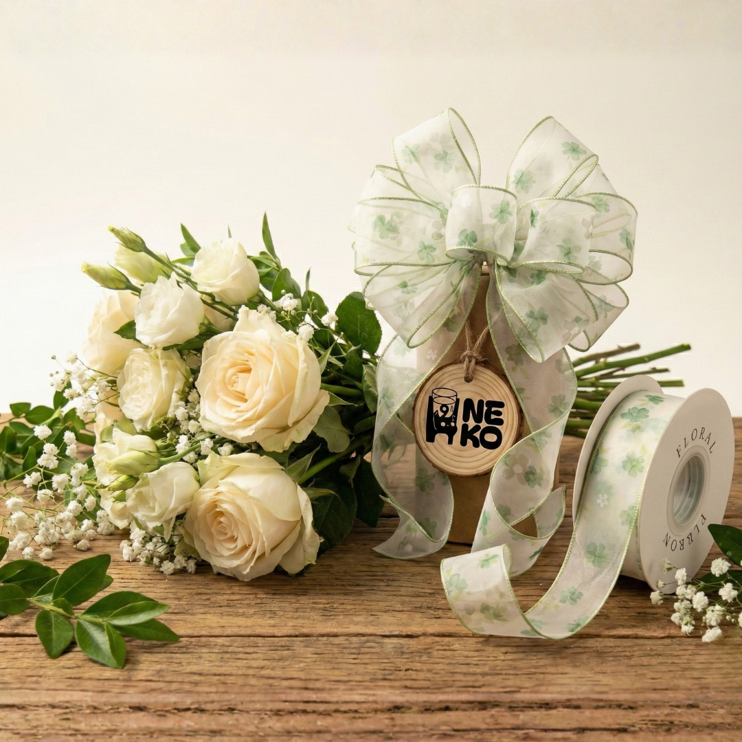 Sheer Green Clover Ribbon 1" x 10yd | Fresh Spring Floral for Gift Wrapping & Crafts | H9Neko