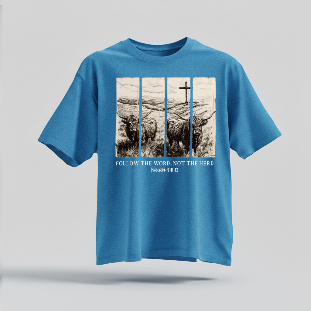 H9Neko Follow the Word Not the Herd Shirt – Christian Highland Cow Tee, Vintage Bible Verse Shirt, Boho Country Christian T-Shirt
