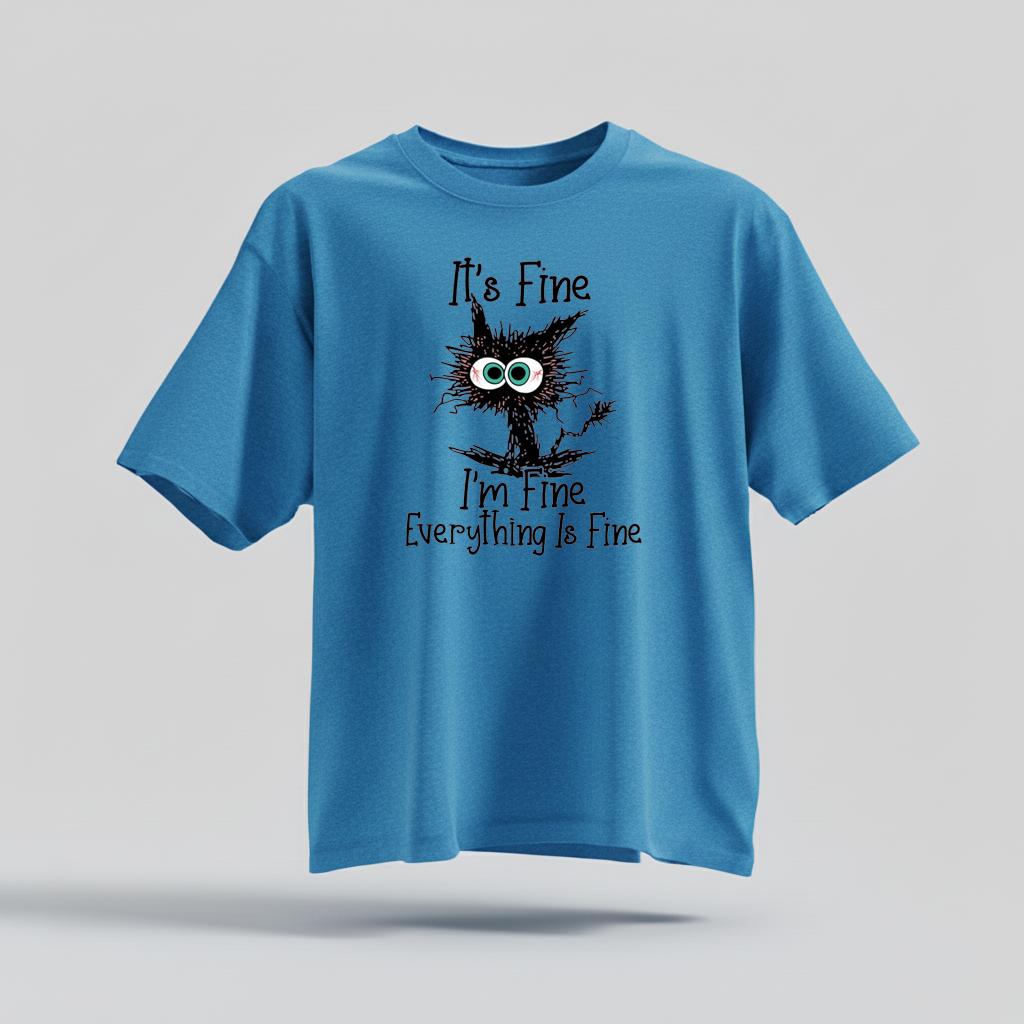 H9Neko “It’s Fine I’m Fine Everything Is Fine” Black Cat Shirt – Funny Cat Lover Tee, Cute Sarcastic T-Shirt, Humor Gift for Cat Lovers