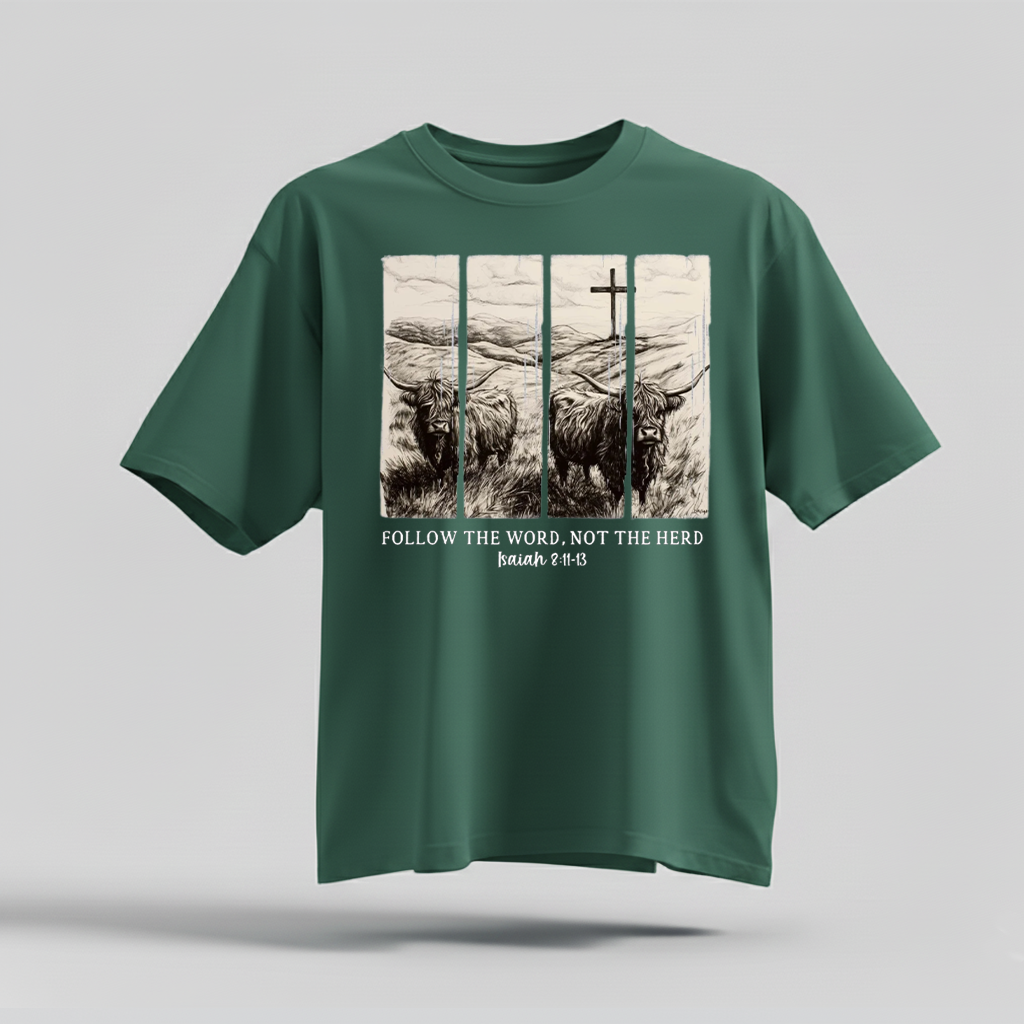 H9Neko Follow the Word Not the Herd Shirt – Christian Highland Cow Tee, Vintage Bible Verse Shirt, Boho Country Christian T-Shirt