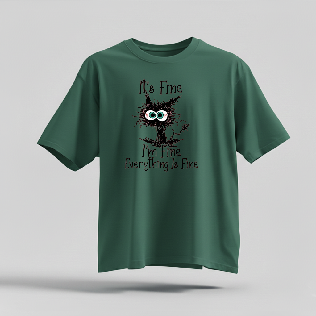 H9Neko “It’s Fine I’m Fine Everything Is Fine” Black Cat Shirt – Funny Cat Lover Tee, Cute Sarcastic T-Shirt, Humor Gift for Cat Lovers