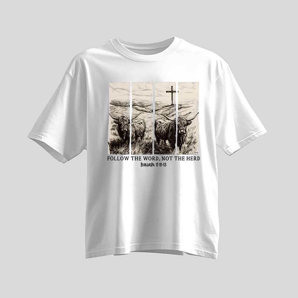 H9Neko Follow the Word Not the Herd Shirt – Christian Highland Cow Tee, Vintage Bible Verse Shirt, Boho Country Christian T-Shirt