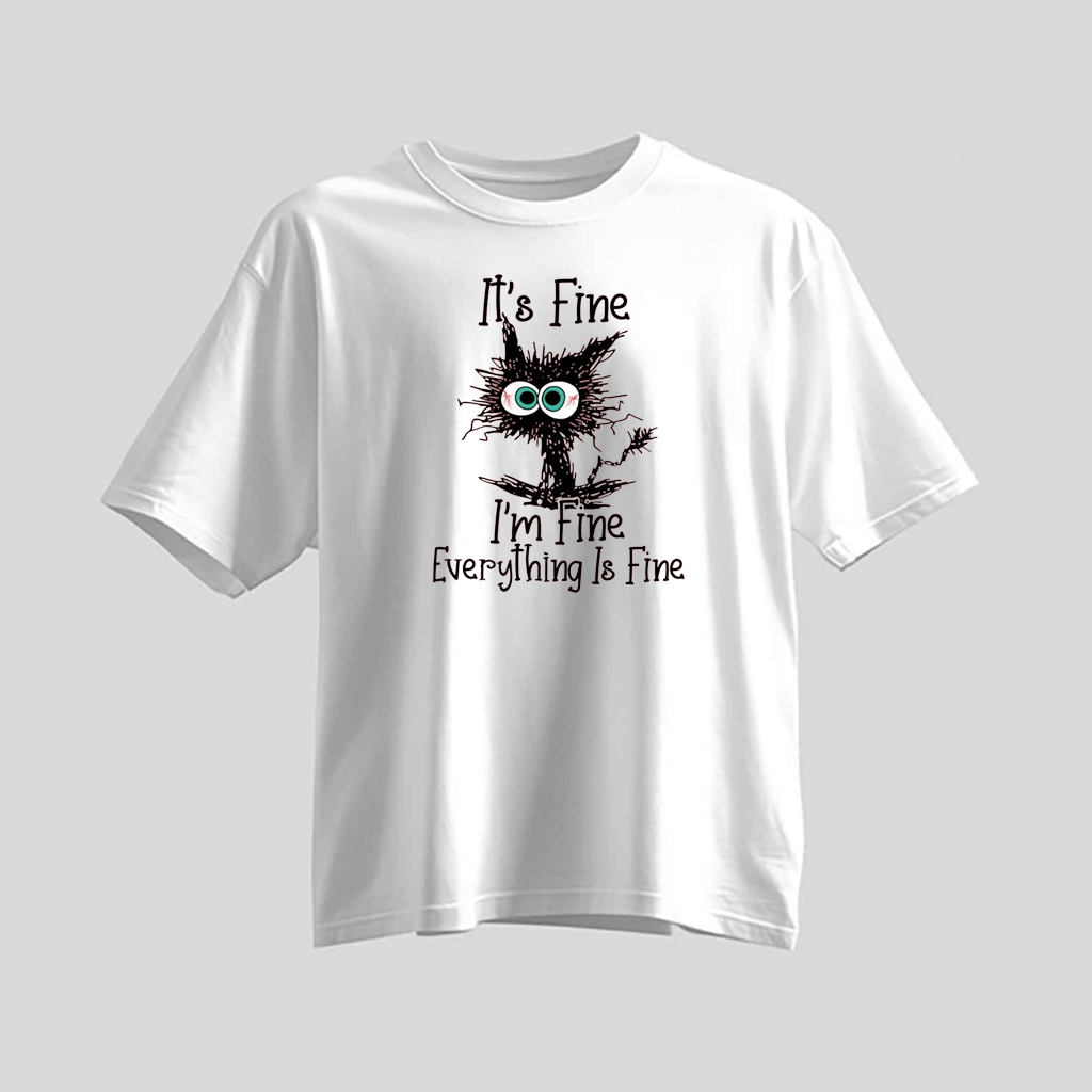 H9Neko “It’s Fine I’m Fine Everything Is Fine” Black Cat Shirt – Funny Cat Lover Tee, Cute Sarcastic T-Shirt, Humor Gift for Cat Lovers