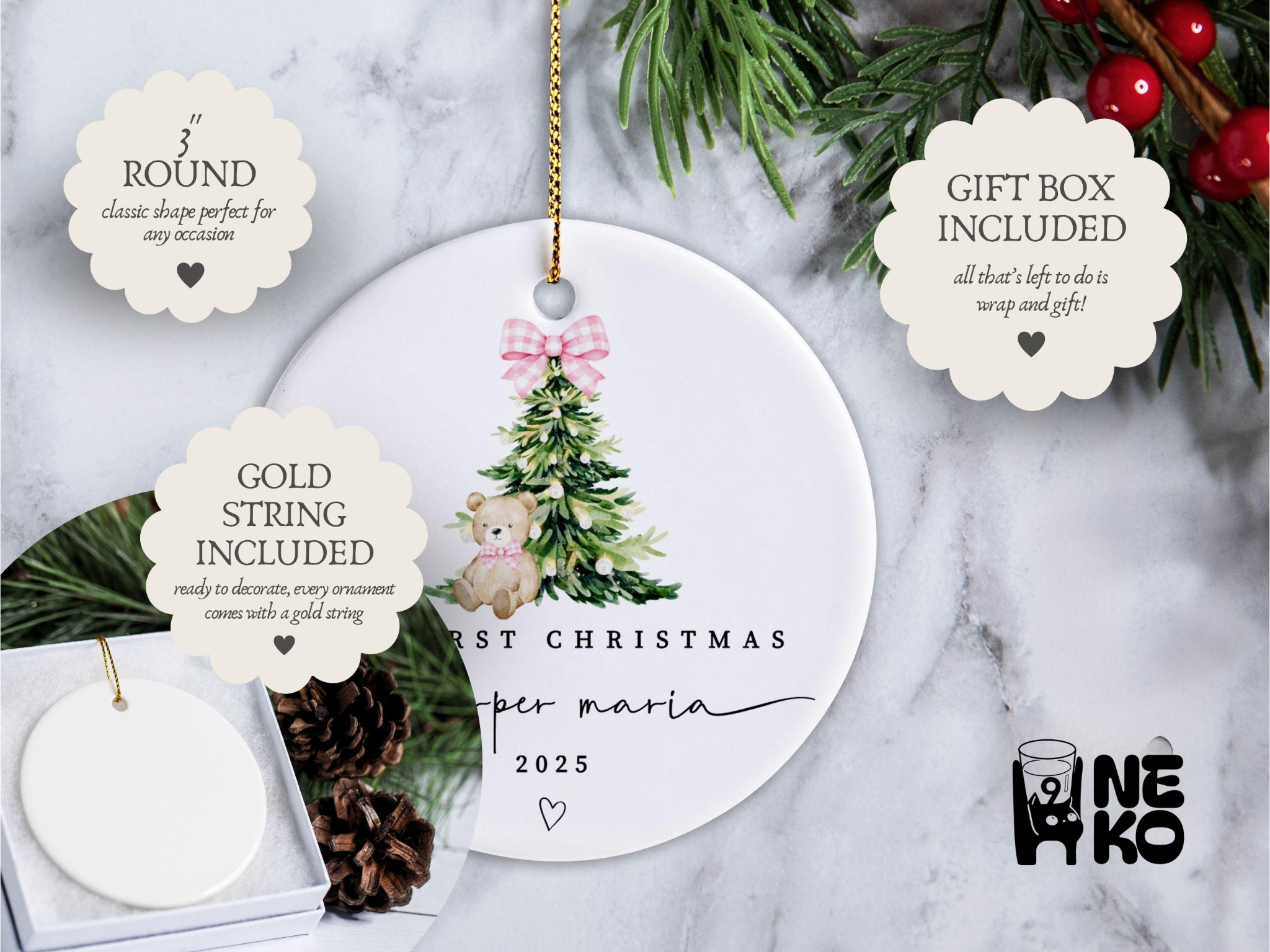 H9neko Personalized Baby Girl First Christmas Ornament 2025