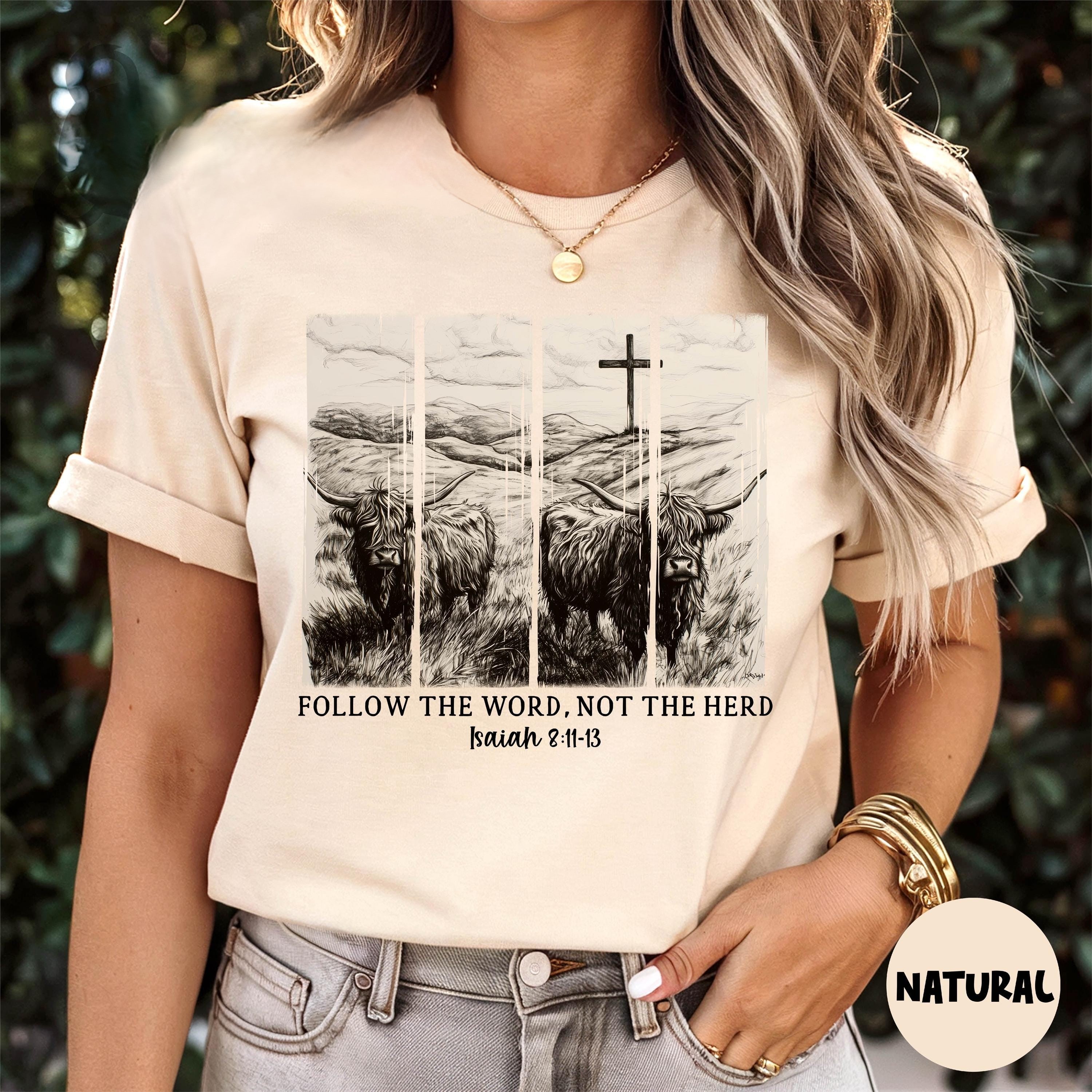 H9Neko Follow the Word Not the Herd Shirt – Christian Highland Cow Tee, Vintage Bible Verse Shirt, Boho Country Christian T-Shirt